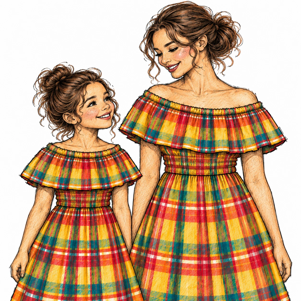 Une enfant et une adulte portent le haut à volant par-dessus une robe smock assortie en madras.
