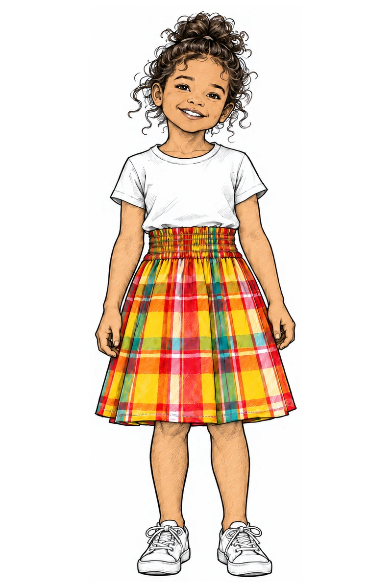 Dessin d’une enfant portant la robe smock en madras comme une jupe, avec un tee-shirt blanc.