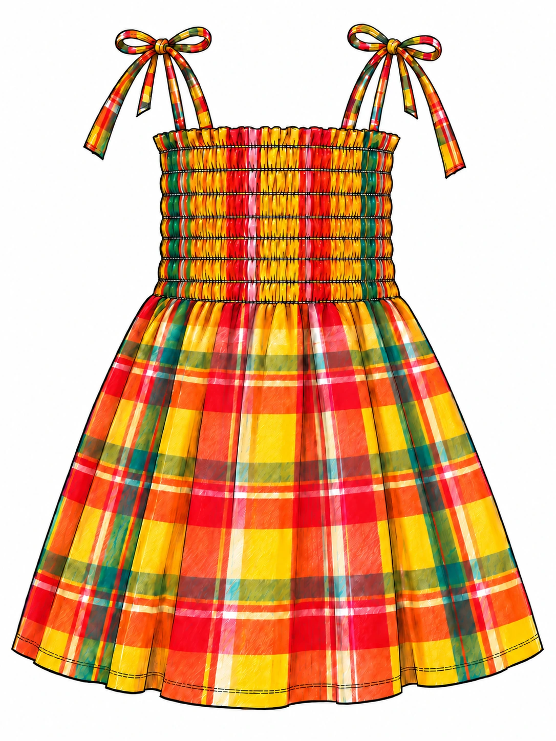 Dessin de la robe smock en madras : un haut souple à rangées de smocks et de fines bretelles à nouer.