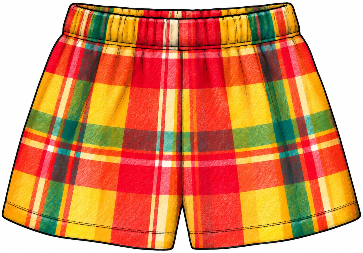 Short enfant assorti en madras rouge, jaune et vert, avec une taille élastiquée et une coupe courte.