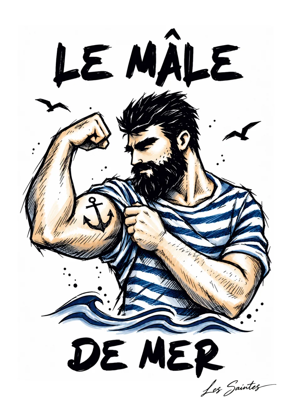 Illustration Le Mâle de mer de Nerko Ink sur carte postale — Atelier Karaïbes, Les Saintes en Guadeloupe