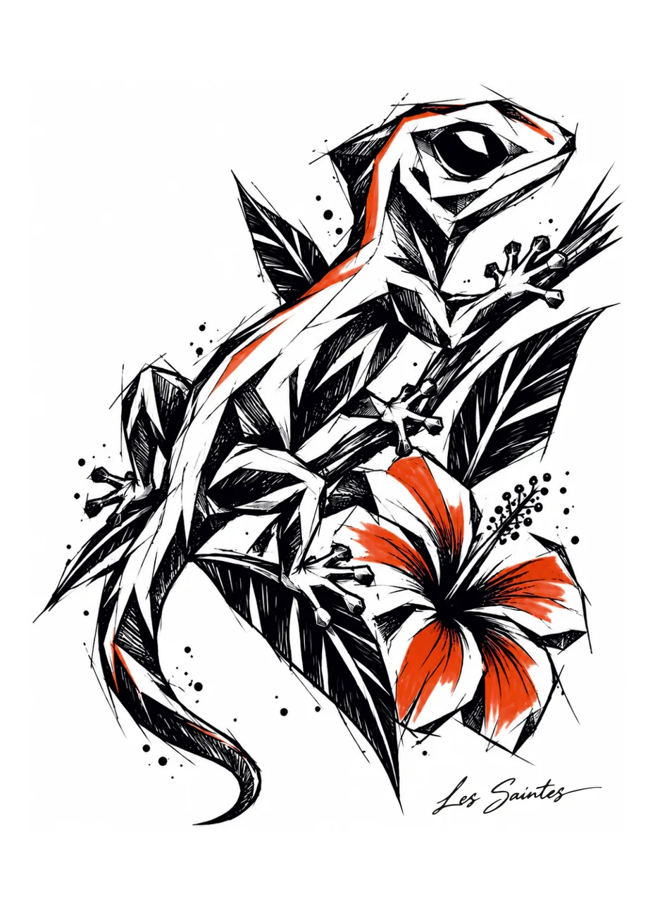 Carte postale Marbouya & hibiscus en couleur — souvenir des Saintes, Guadeloupe, par Nerko Ink et Atelier Karaïbes