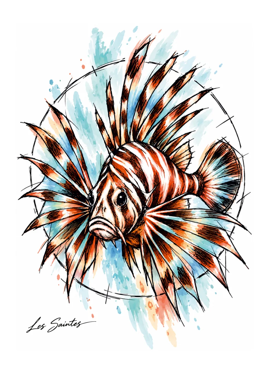 Souvenir des Saintes : carte postale Poisson-lion, collection couleur Atelier Karaïbes — Guadeloupe