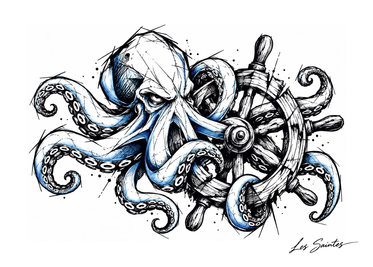 Illustration Poulpe barre à roue de Nerko Ink sur carte postale — Atelier Karaïbes, Les Saintes en Guadeloupe