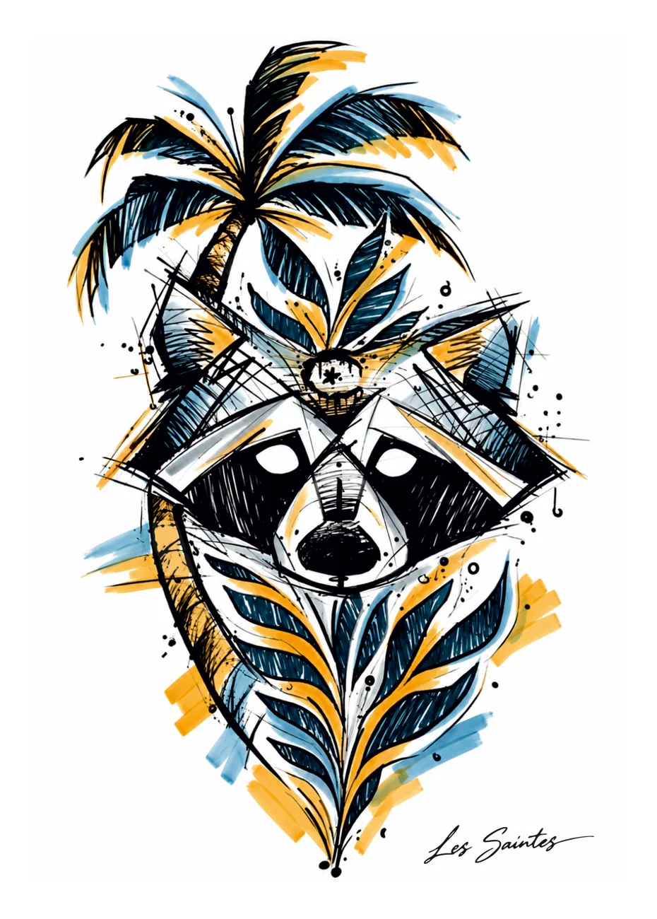 Souvenir des Saintes : carte postale Raccoon & palmier, collection couleur Atelier Karaïbes — Guadeloupe