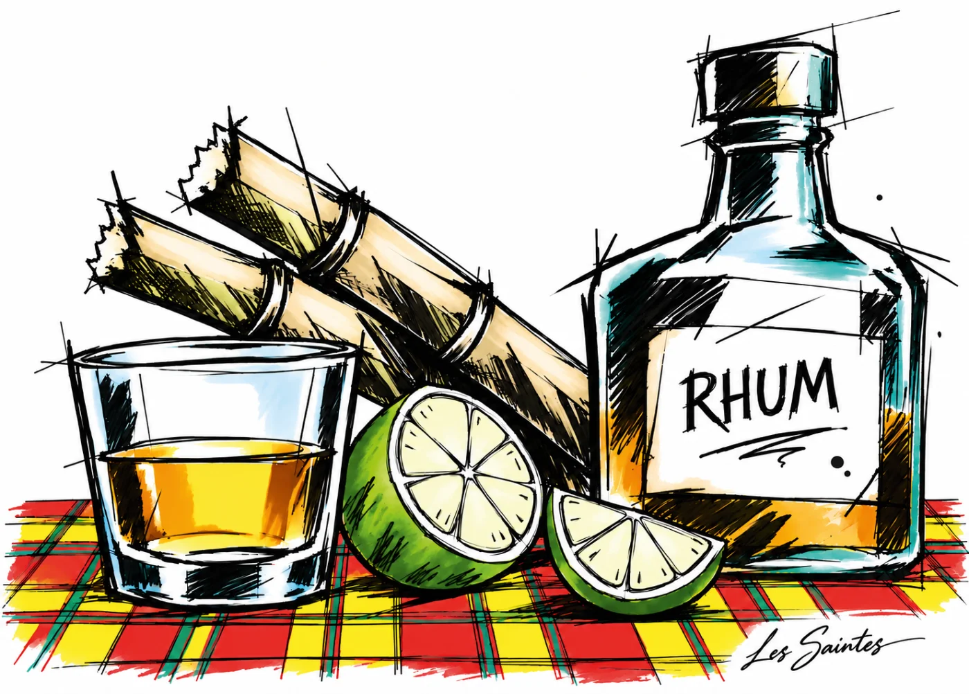 Carte postale Rhum & madras en couleur — souvenir des Saintes, Guadeloupe, par Nerko Ink et Atelier Karaïbes
