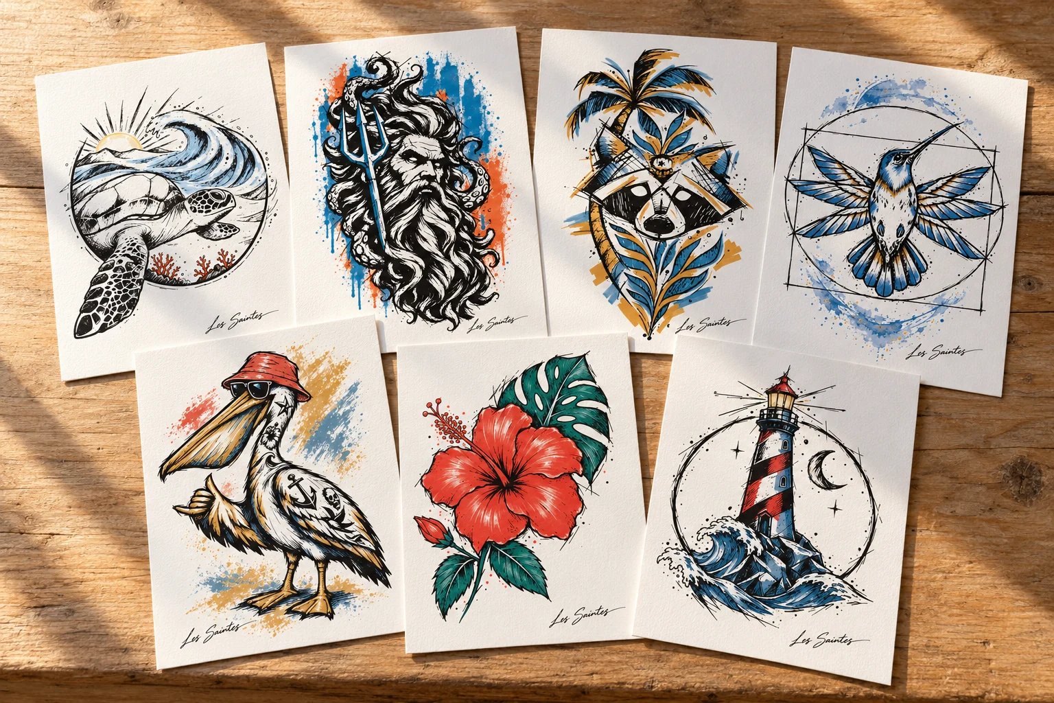 Mise en scène de sept cartes postales Nerko Ink sur une planche en bois
