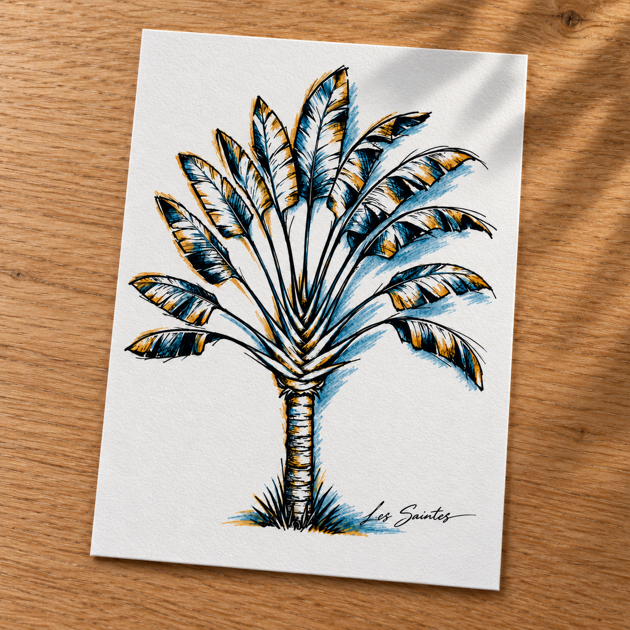 Carte postale — Arbre du voyageur, papier texturé posé sur une table avec une légère ombre de feuillage — Atelier Karaïbes, Les Saintes