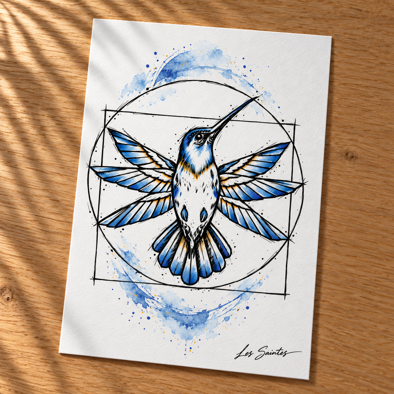 Carte postale — Colibri, papier texturé posé sur une table avec une légère ombre de feuillage — Atelier Karaïbes, Les Saintes