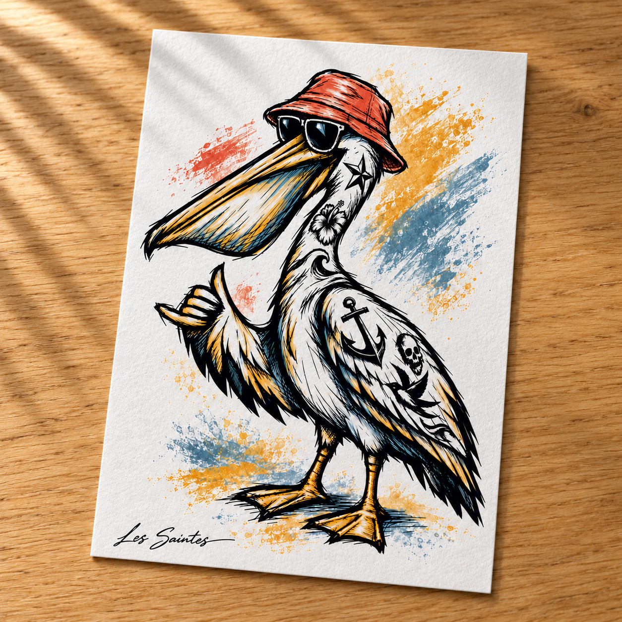 Carte postale — Pélican Flex, papier texturé posé sur une table avec une légère ombre de feuillage — Atelier Karaïbes, Les Saintes
