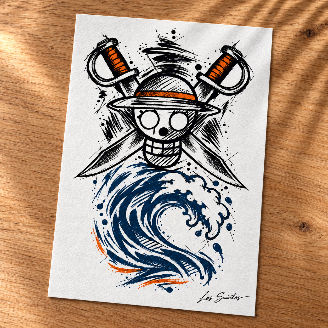 Carte postale — Pirate sabre, papier texturé posé sur une table avec une légère ombre de feuillage — Atelier Karaïbes, Les Saintes