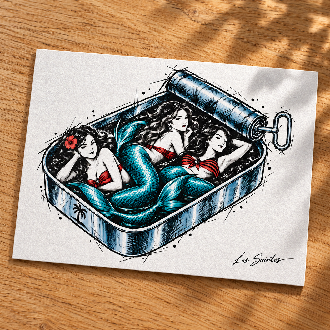 Carte postale — Trois sirènes, papier texturé posé sur une table avec une légère ombre de feuillage — Atelier Karaïbes, Les Saintes