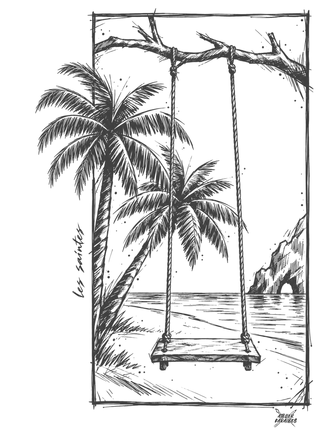Illustration Balançoire tropicale — Nerko Ink, avec inscription Les Saintes — Atelier Karaïbes, Guadeloupe
