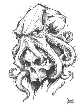 Illustration Poulpe crâne — Nerko Ink, avec inscription Les Saintes — Atelier Karaïbes, Guadeloupe