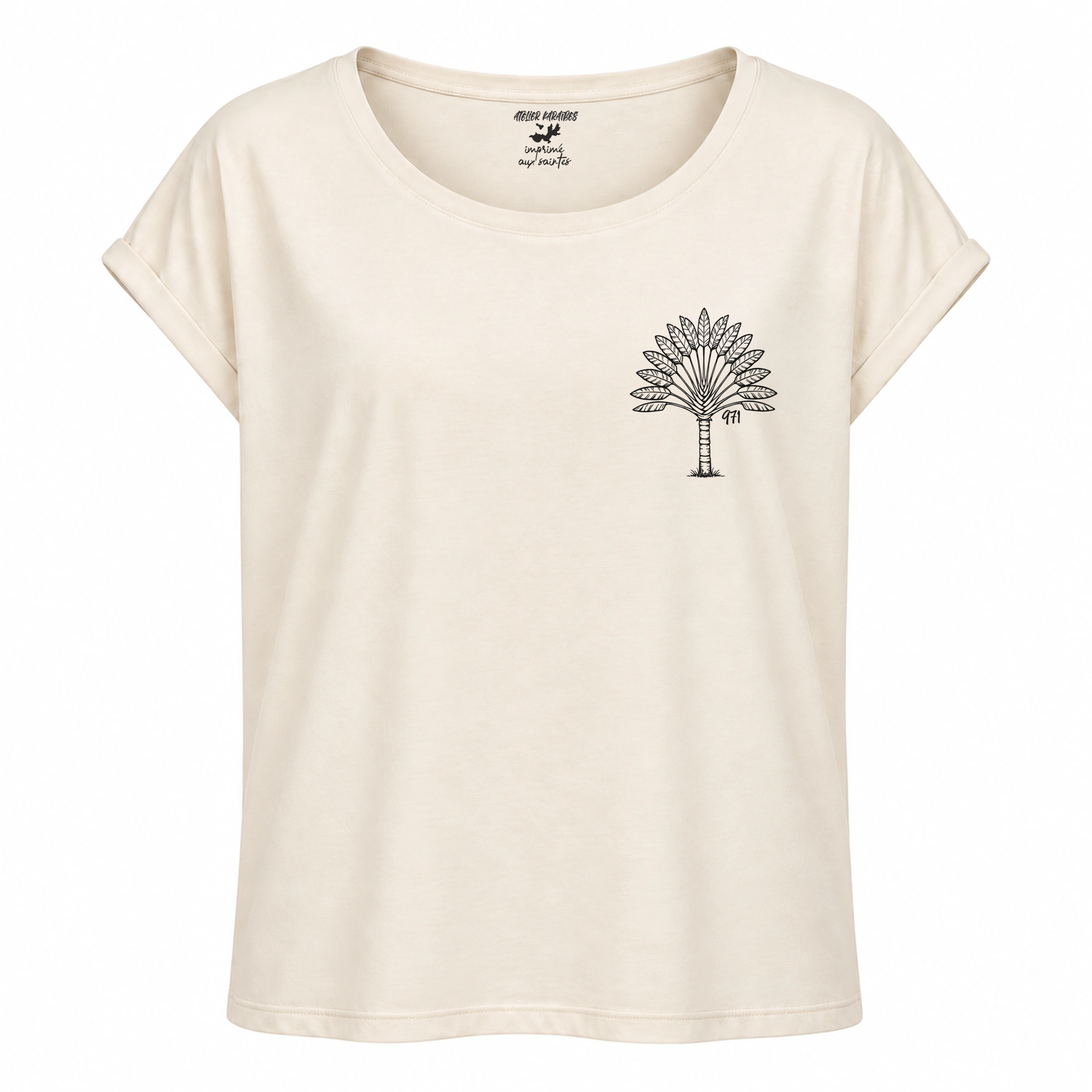 T-shirt rouloté, coupe loose ivoire avec Arbre du voyageur 971, impression noir côté cœur