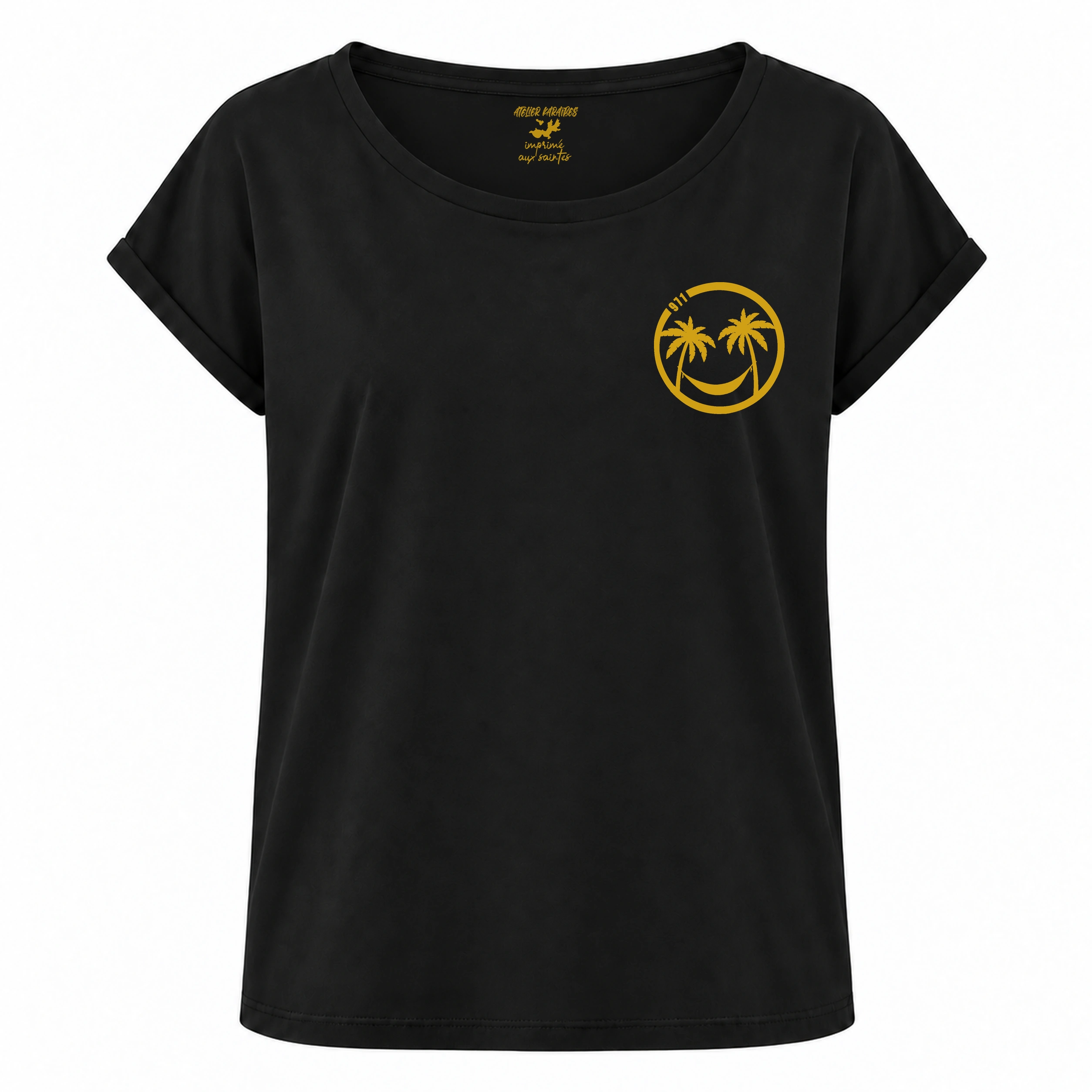 T-shirt rouloté, coupe loose noir avec Smiley 971, impression jaune moutarde côté cœur