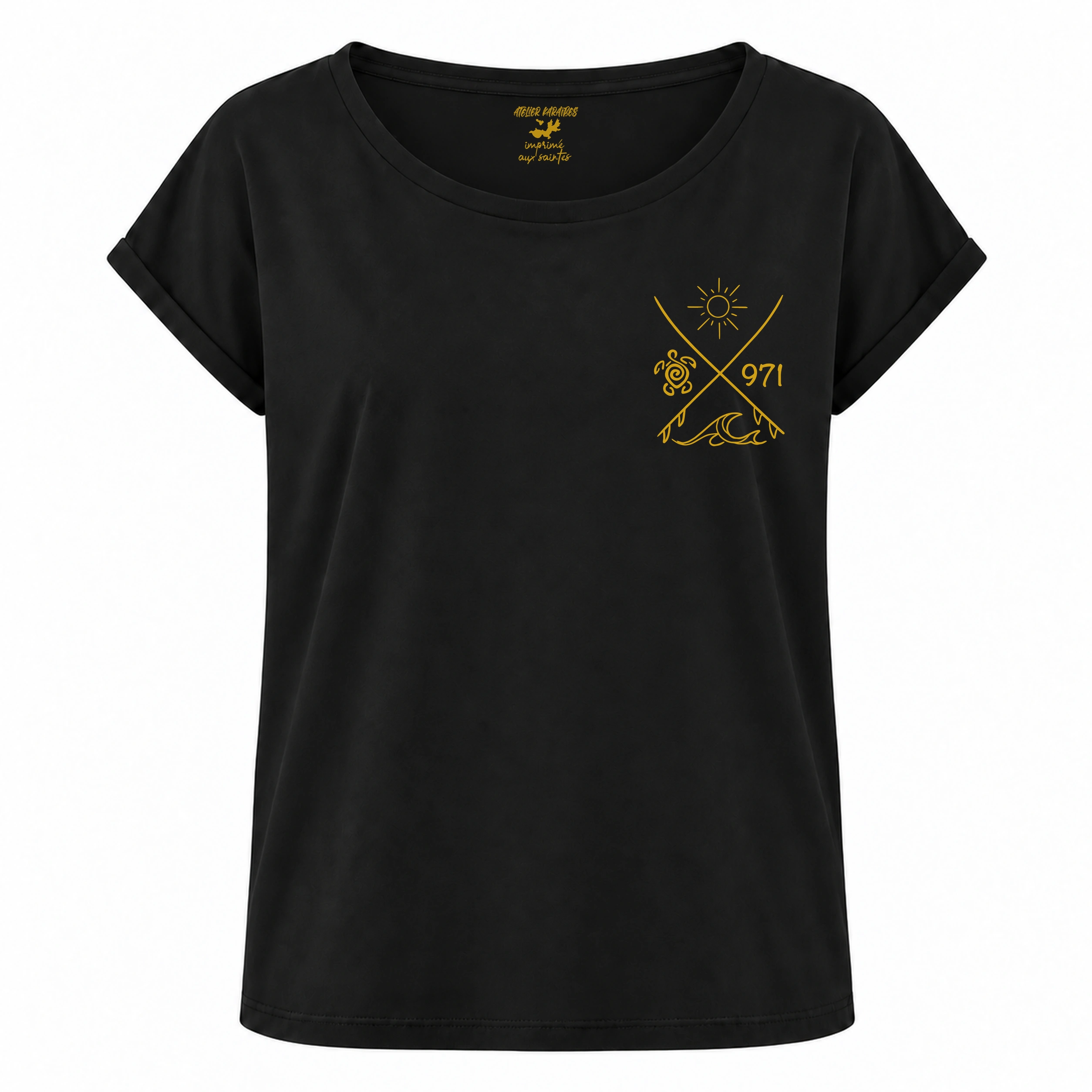 T-shirt rouloté, coupe loose noir avec Surf tortue 971, impression jaune moutarde côté cœur