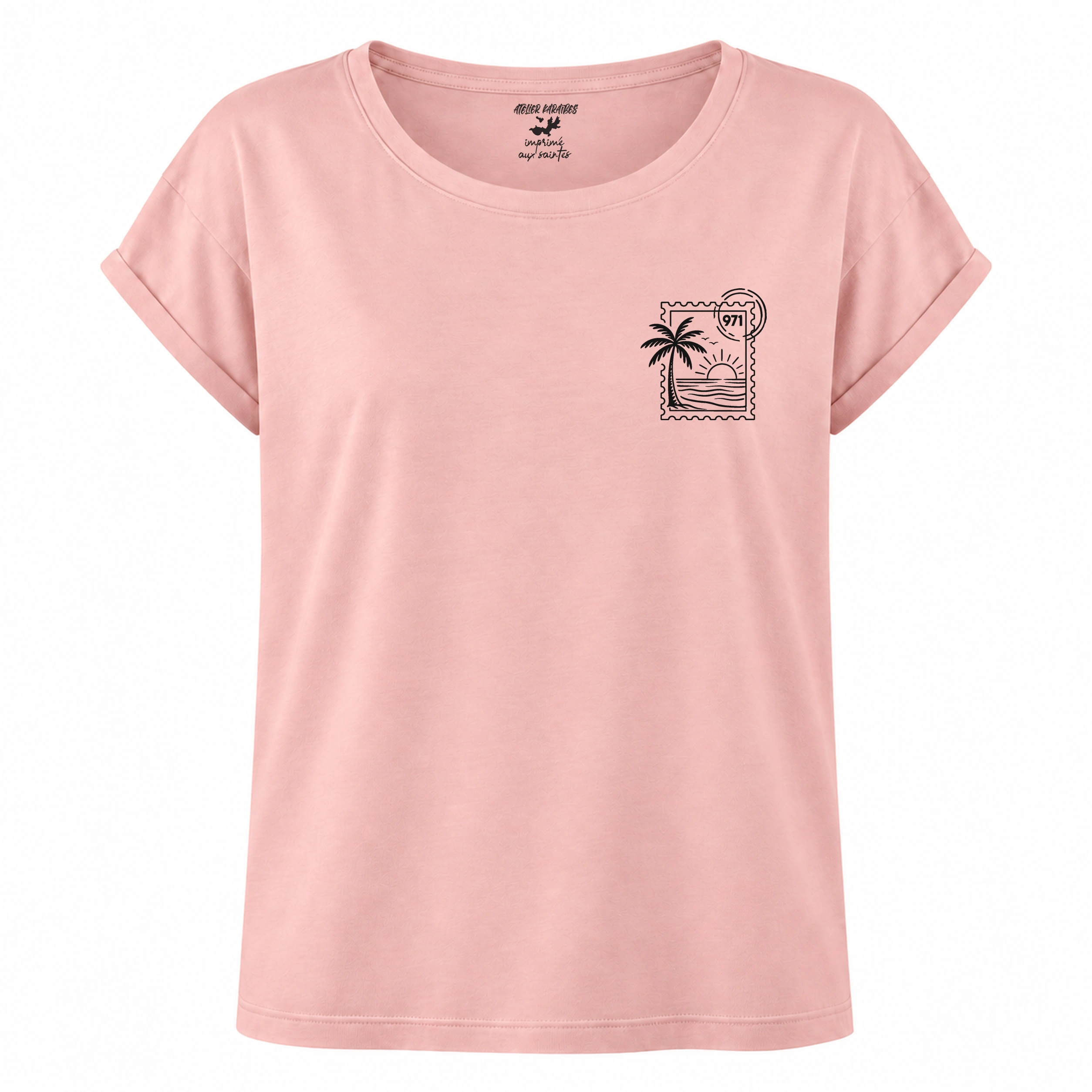 T-shirt rouloté, coupe loose rose avec Stamp 971, impression noir côté cœur