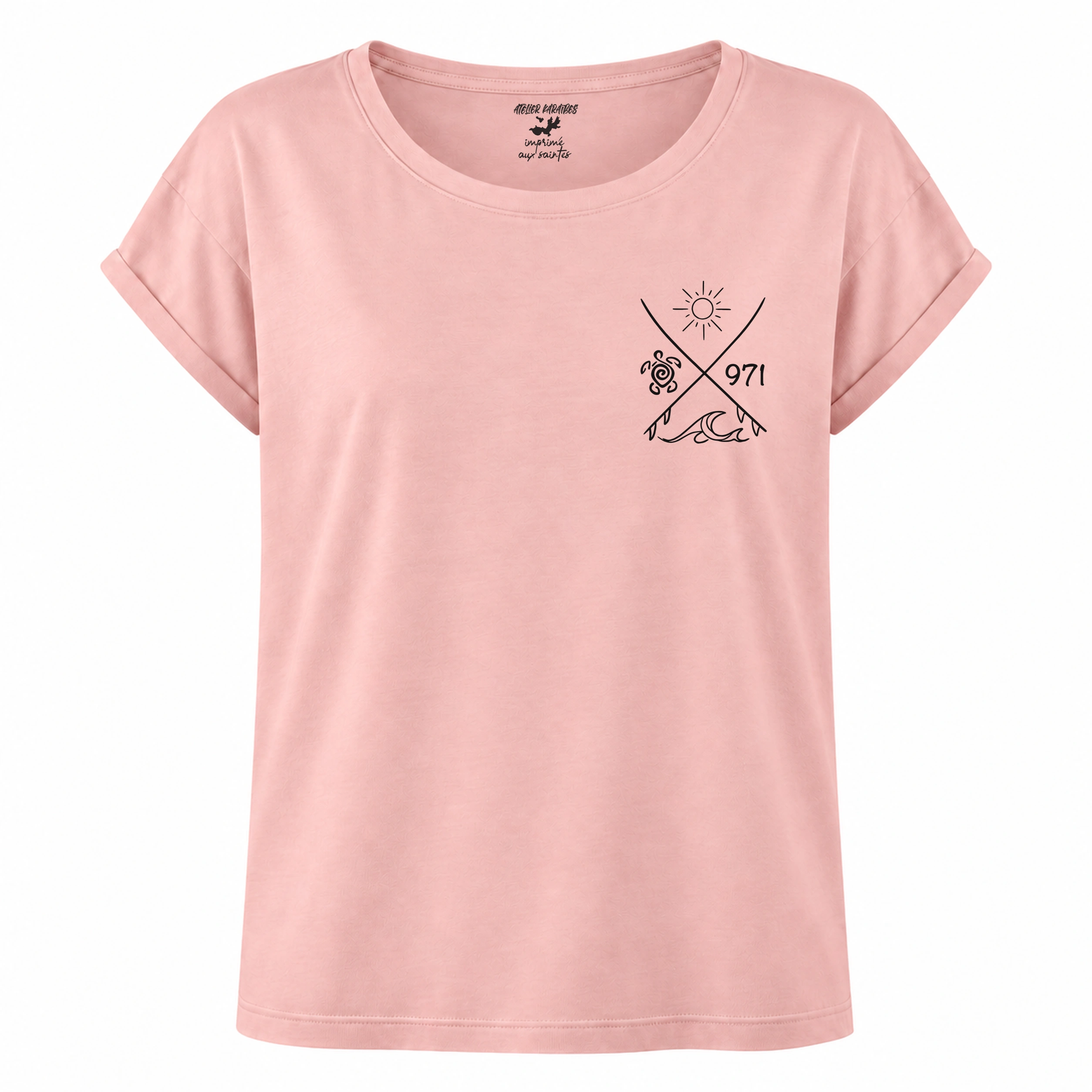 T-shirt rouloté, coupe loose rose avec Surf tortue 971, impression noir côté cœur