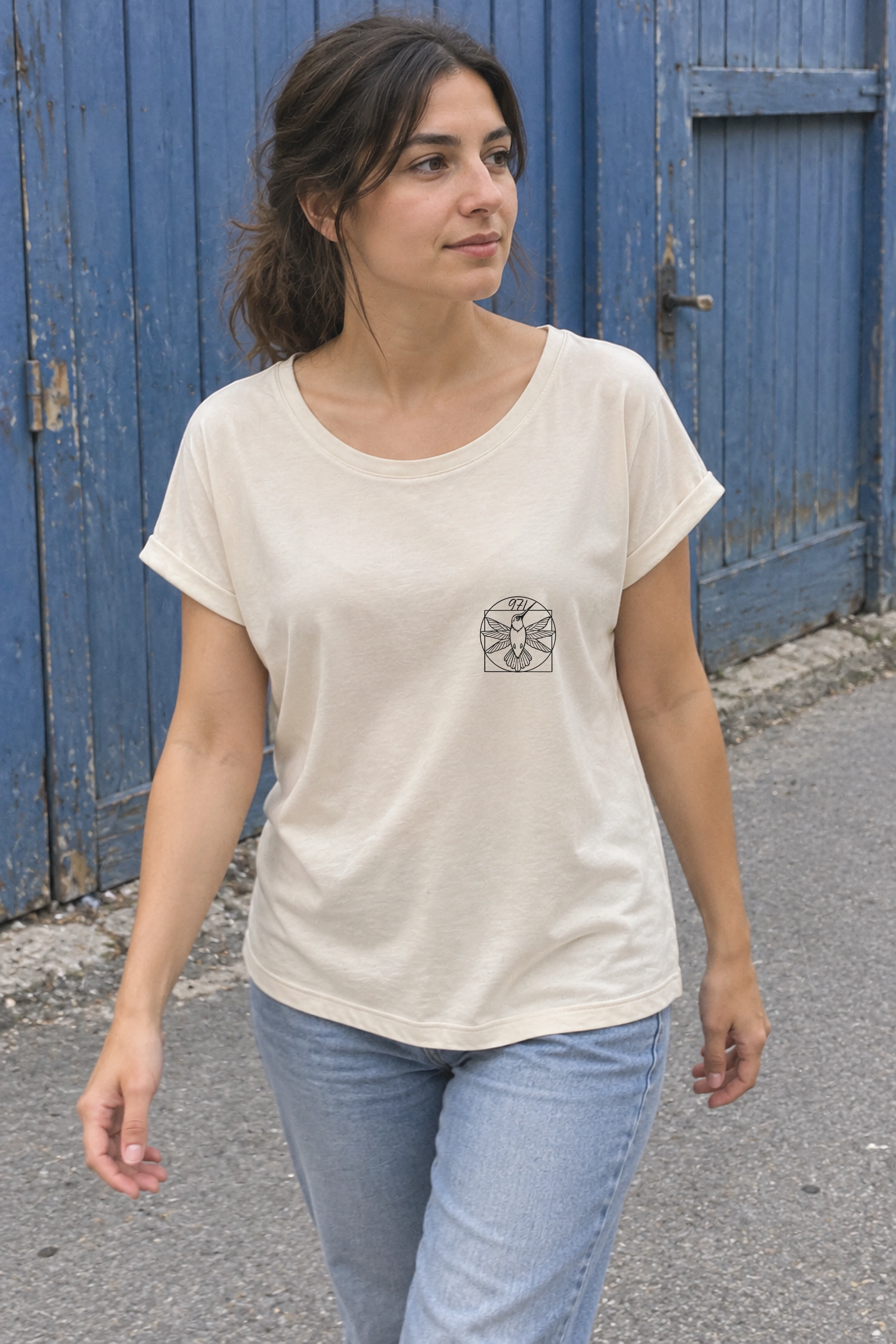 T-shirt rouloté, coupe loose porté : Ivoire · Colibri 971 · Noir