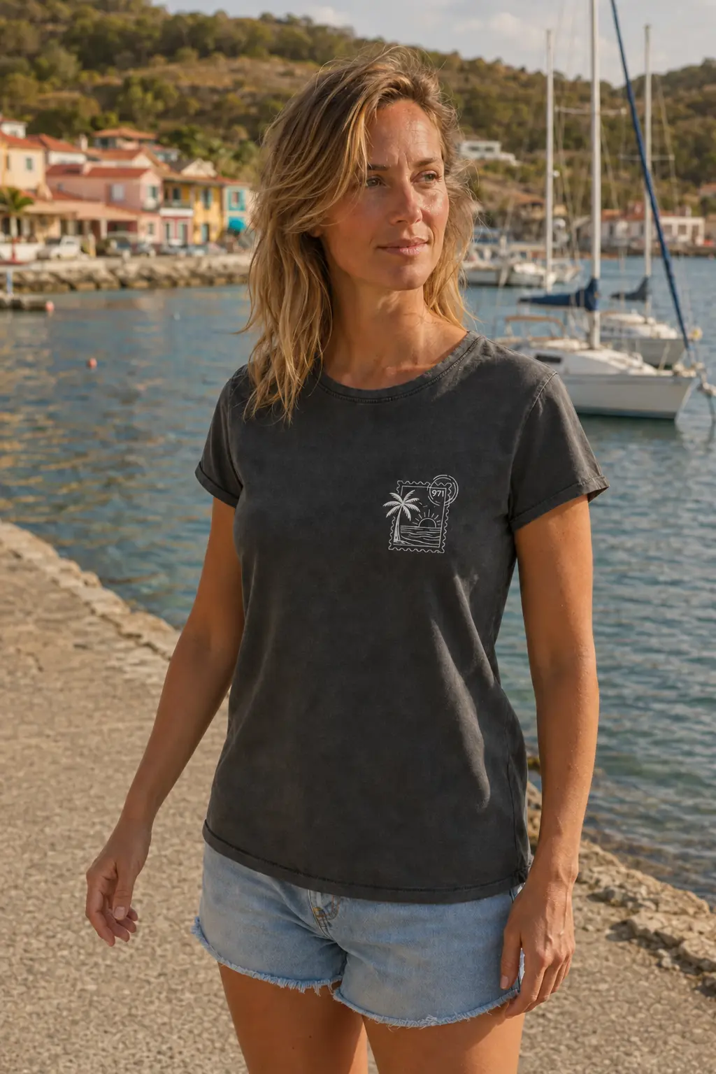 T-shirt vieilli femme gris anthracite délavé avec un timbre palmier 971 avec mer et soleil imprimé en blanc, porté en promenade sur le front de mer de Terre-de-Haut devant les voil